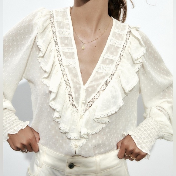 Zara Sheer Swissdot Ruffle V-Neck Crochet Trim Button Up Balloon Sleeve Blouse - Picture 1 of 16